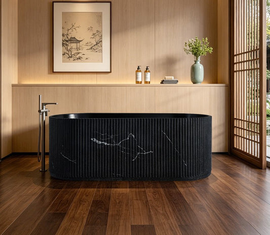 67" Groove Fluted Freestanding Black Artificial Stone Bathtub