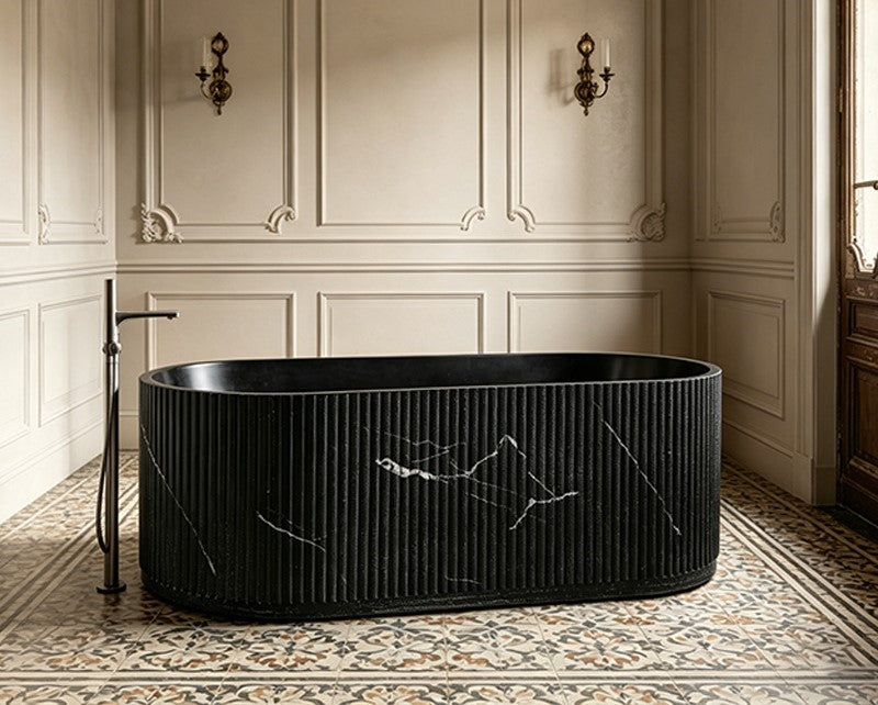 67" Groove Fluted Freestanding Black Artificial Stone Bathtub
