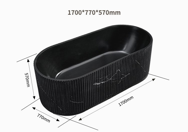 67" Groove Fluted Freestanding Black Artificial Stone Bathtub