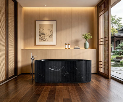 67" Groove Fluted Freestanding Black Artificial Stone Bathtub