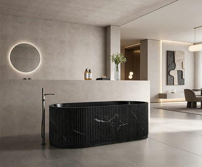 67" Groove Fluted Freestanding Black Artificial Stone Bathtub