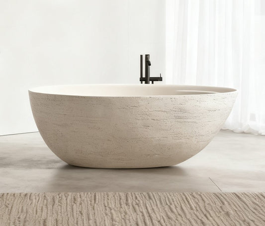 67" Natural Travertine Stone Freestanding Bathtub Modern Minimalist