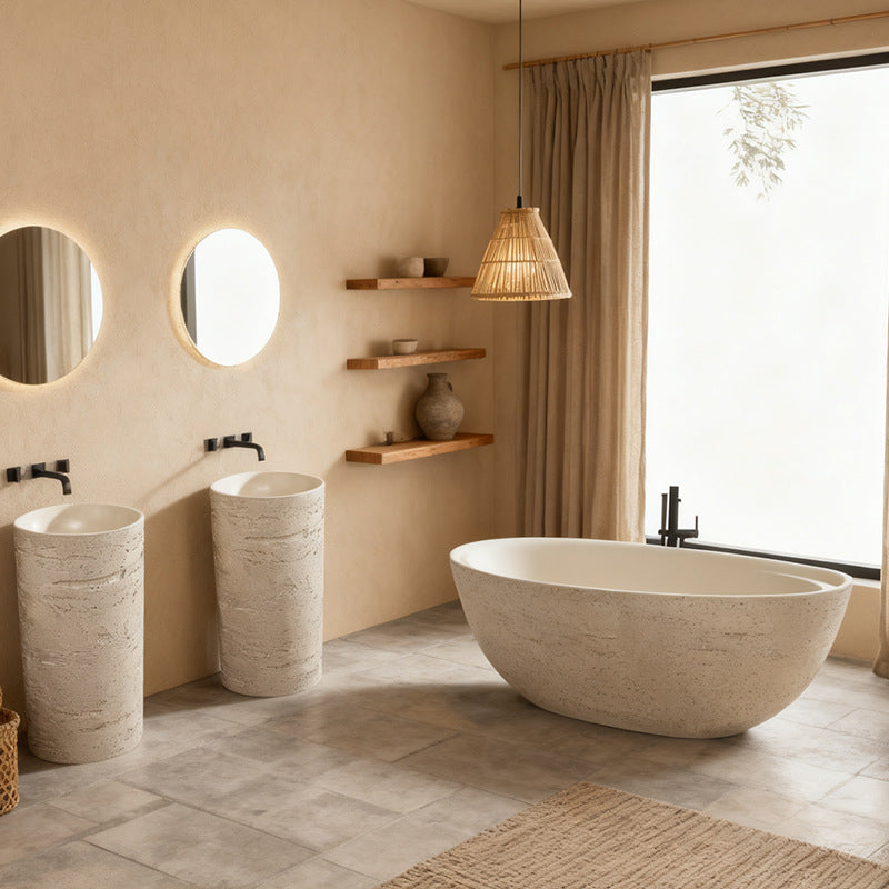 67" Natural Travertine Stone Freestanding Bathtub Modern Minimalist