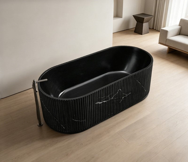 67" Groove Fluted Freestanding Black Artificial Stone Bathtub