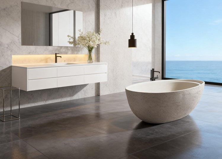 67" Natural Travertine Stone Freestanding Bathtub Modern Minimalist