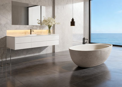 67" Natural Travertine Stone Freestanding Bathtub Modern Minimalist