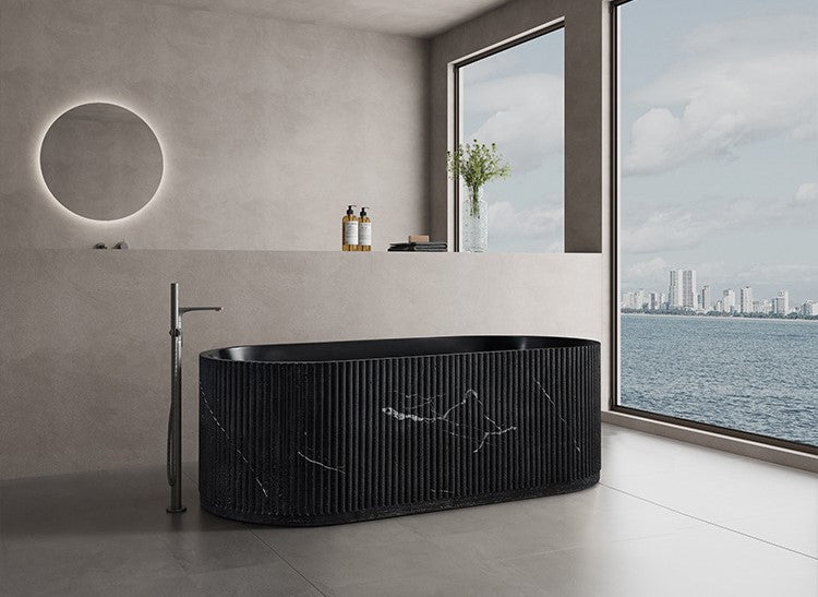 67" Groove Fluted Freestanding Black Artificial Stone Bathtub