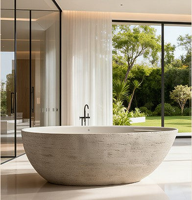 67" Natural Travertine Stone Freestanding Bathtub Modern Minimalist
