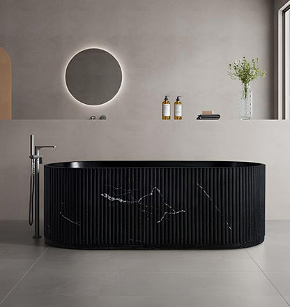 67" Groove Fluted Freestanding Black Artificial Stone Bathtub