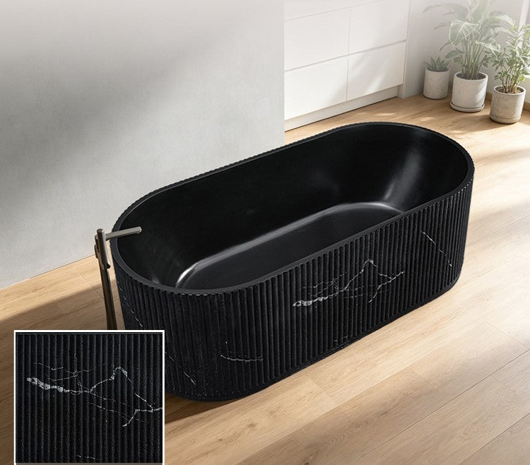 67" Groove Fluted Freestanding Black Artificial Stone Bathtub