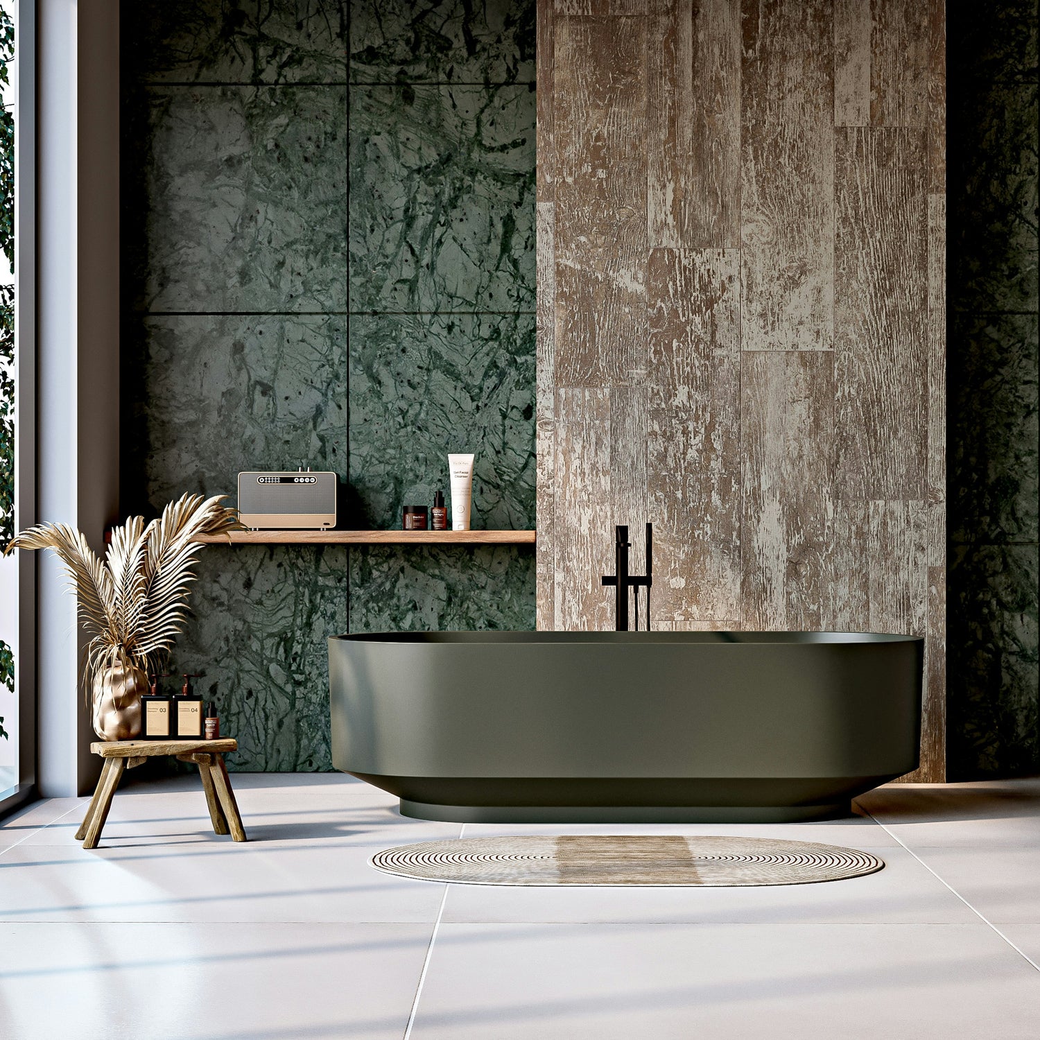 Modern bathroom with a black freestanding bathtub against a textured wall.