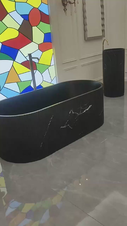 67" Groove Fluted Freestanding Black Artificial Stone Bathtub