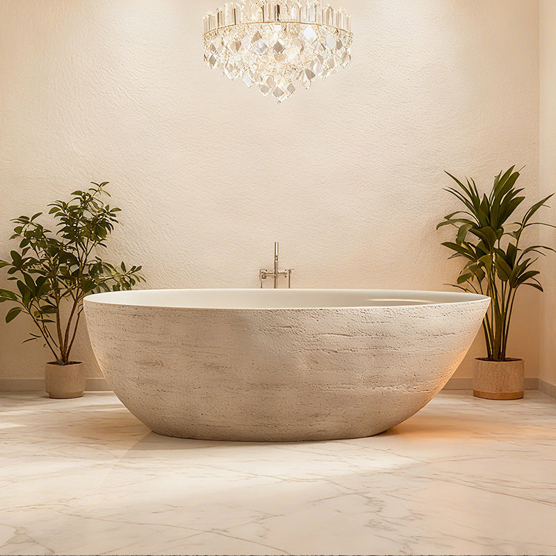67" Natural Travertine Stone Freestanding Bathtub Modern Minimalist