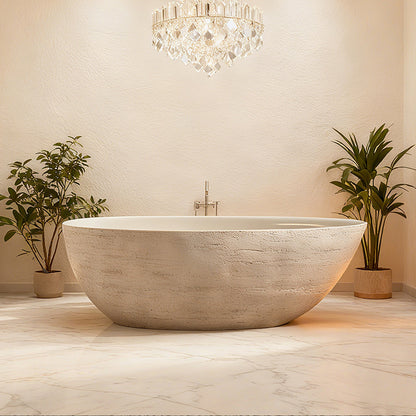 67" Natural Travertine Stone Freestanding Bathtub Modern Minimalist