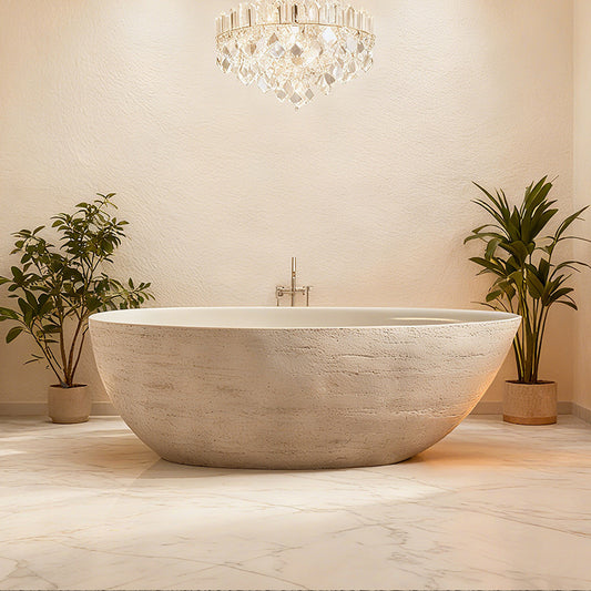 67" Natural Travertine Stone Freestanding Bathtub Modern Minimalist